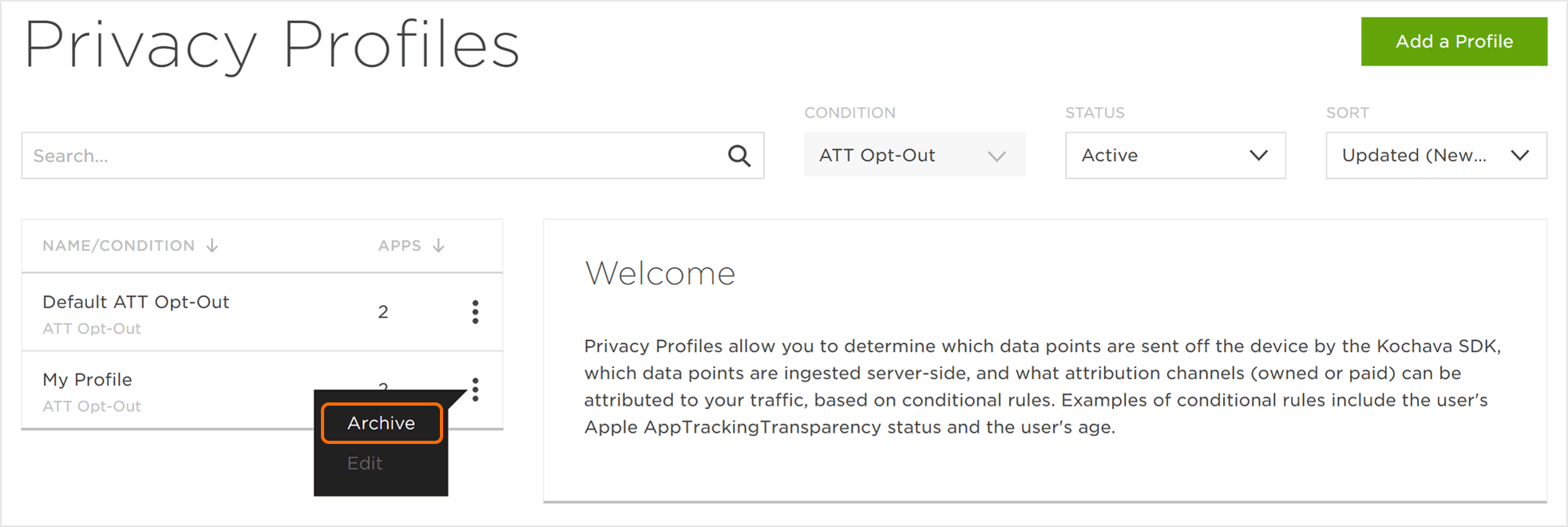 Privacy Profile Archive Menu