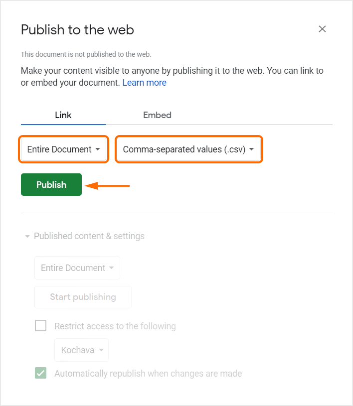 Google Sheet Settings